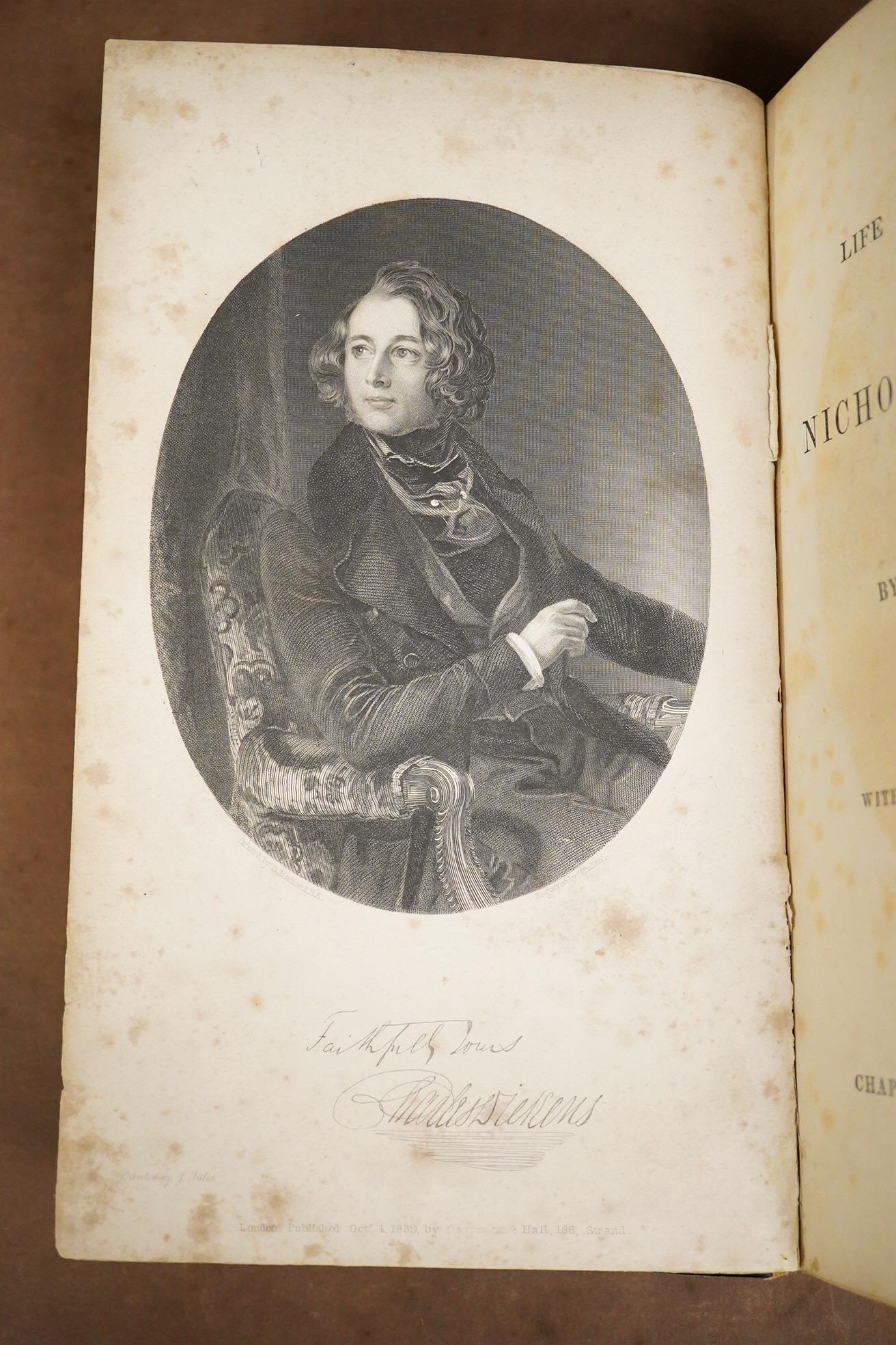 Dickens, Charles - The Life and Adventures of Nicholas Nickleby. 1st Edition. portrait frontis. and 39 other plates (by Phiz), half title; old gilt ruled and blind decorated half calf and marbled boards. Chapman and Hall